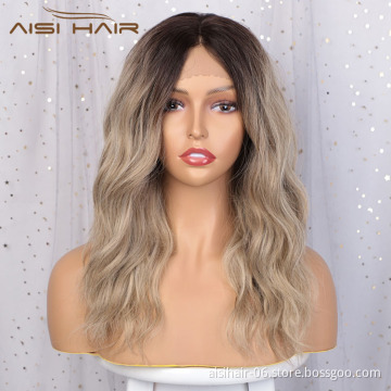 Aisi Hair Medium Long Wavy Ombre Brown Wig 18 Inch Water Wave Swiss Lace Wig Synthetic Front Lace Hair Wigs For Black Women